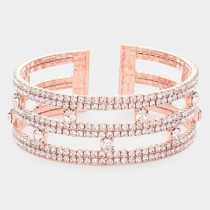 RoseGold Crystal Rhinestone Style Round Stone Split Layered Bling Cuff Bracelet